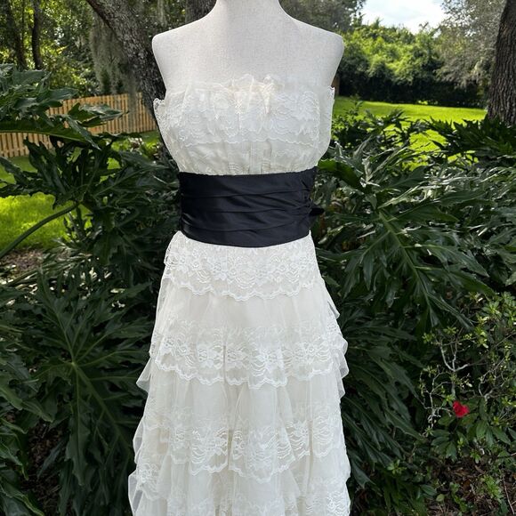 Vintage Ruffled Lace Formal Prom Dress Black Bow Tiered Prairie 3/4 Cottagecore - Picture 9 of 12